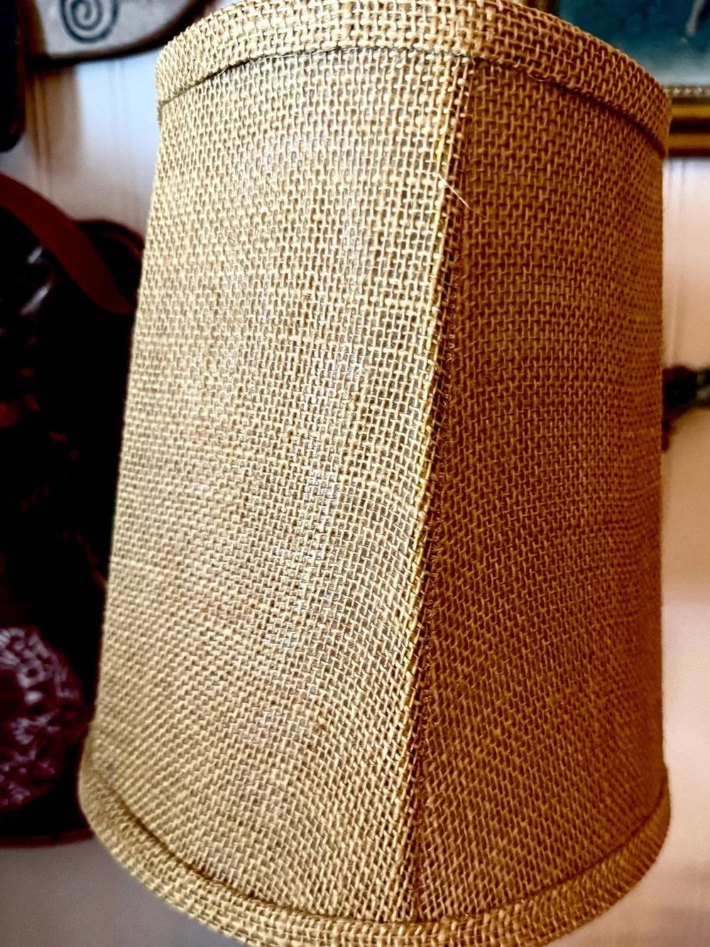 Vintage Oval Lined Burlap Washer Lampshade 8” Tall